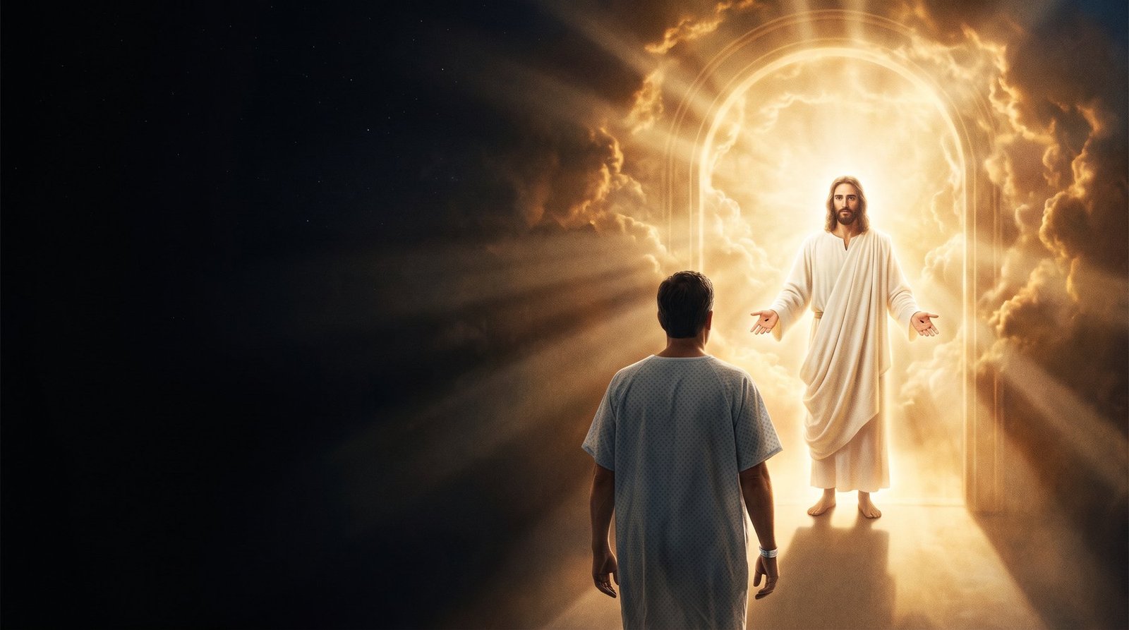 Alex, in a hospital gown, walks toward the open doors of heaven where Jesus waits with both arms open