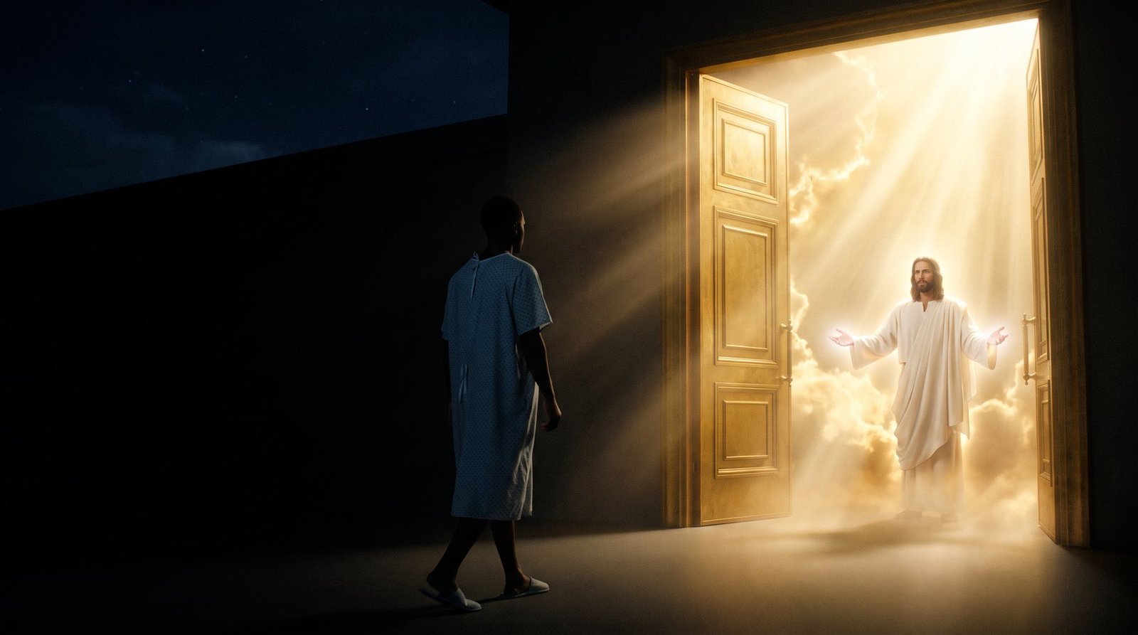 A man in a hospital gown approaches an open door where Jesus waits inside the light, arms open