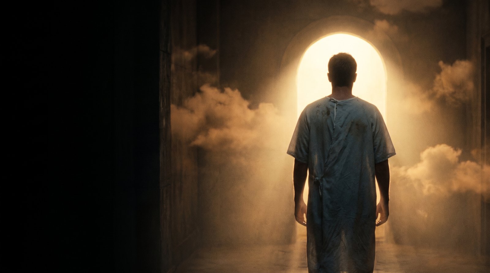 A man in a hospital gown walks alone toward a distant doorway of golden light