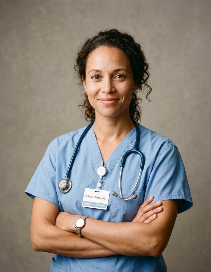 Portrait of a nurse in blue scrubs