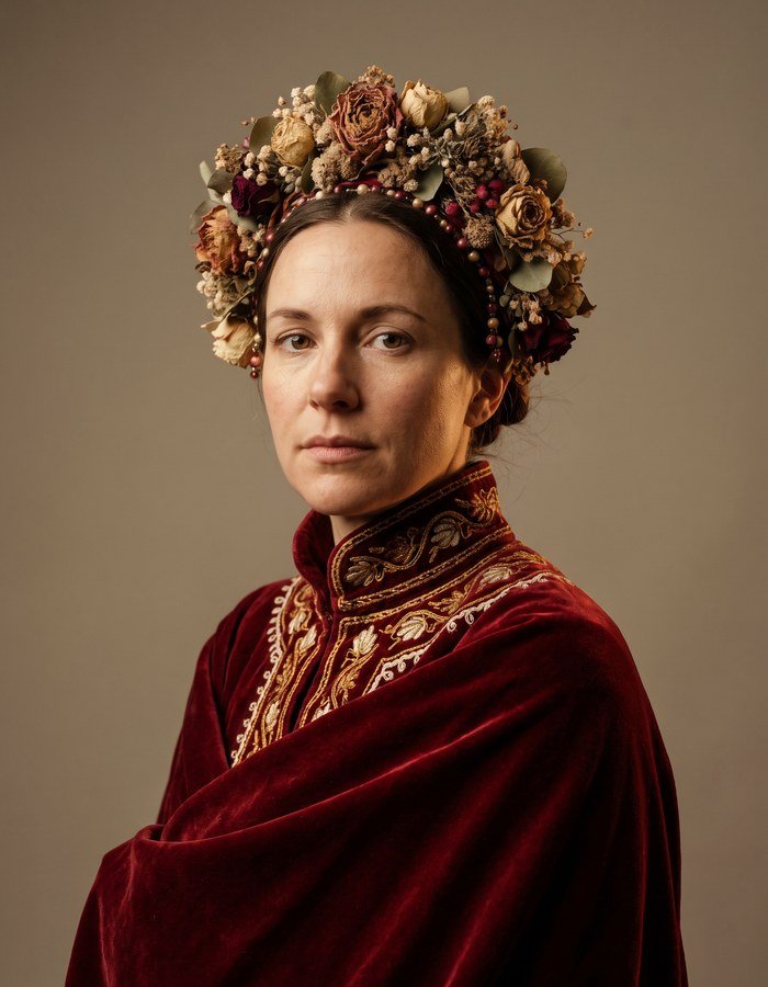 Portrait of a woman in ceremonial dress with a floral headdress