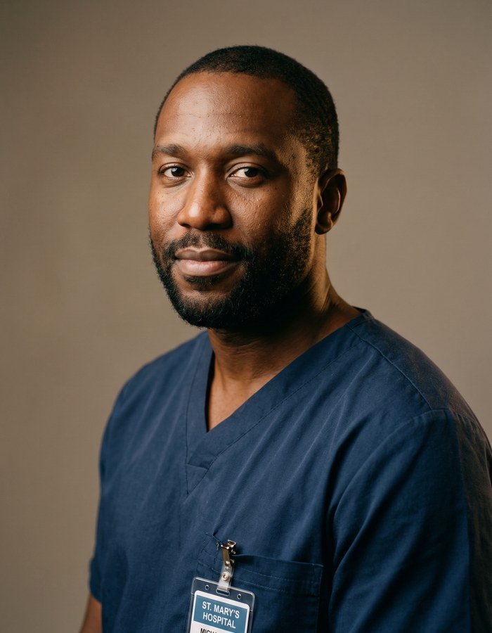 Portrait of a man in scrubs holding a coffee cup