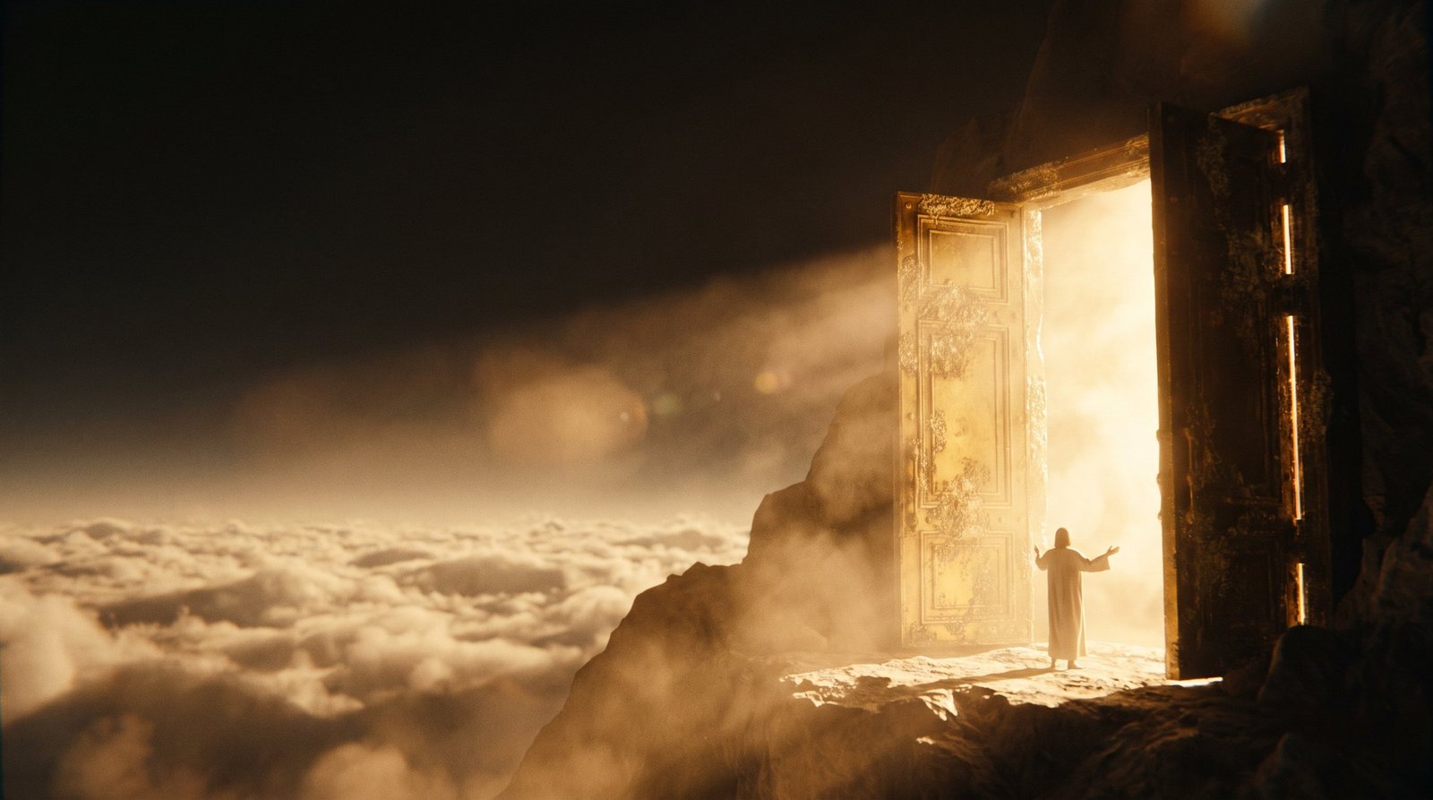 A lone figure at a vast golden doorway opening onto a cloudscape