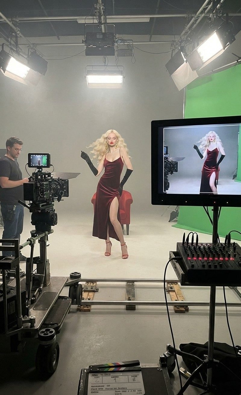 Actor in costume on set beside a cinema camera, with the director's monitor showing the shot being framed