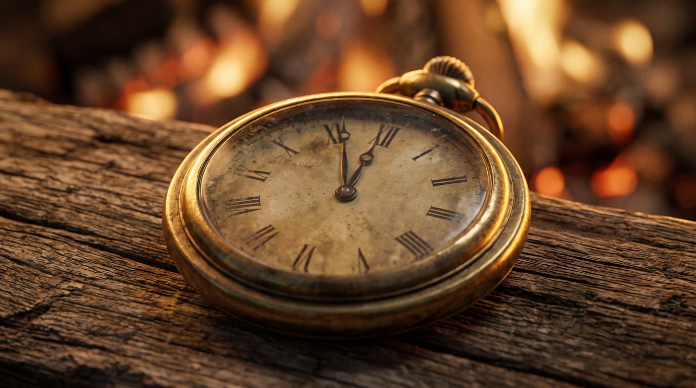 An antique brass pocket watch on weathered wood, embers behind