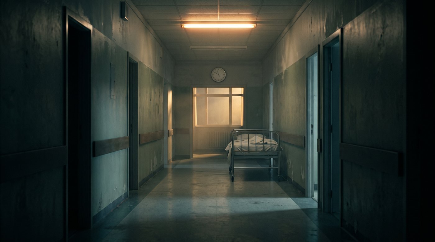 An empty hospital corridor at night with a single empty bed