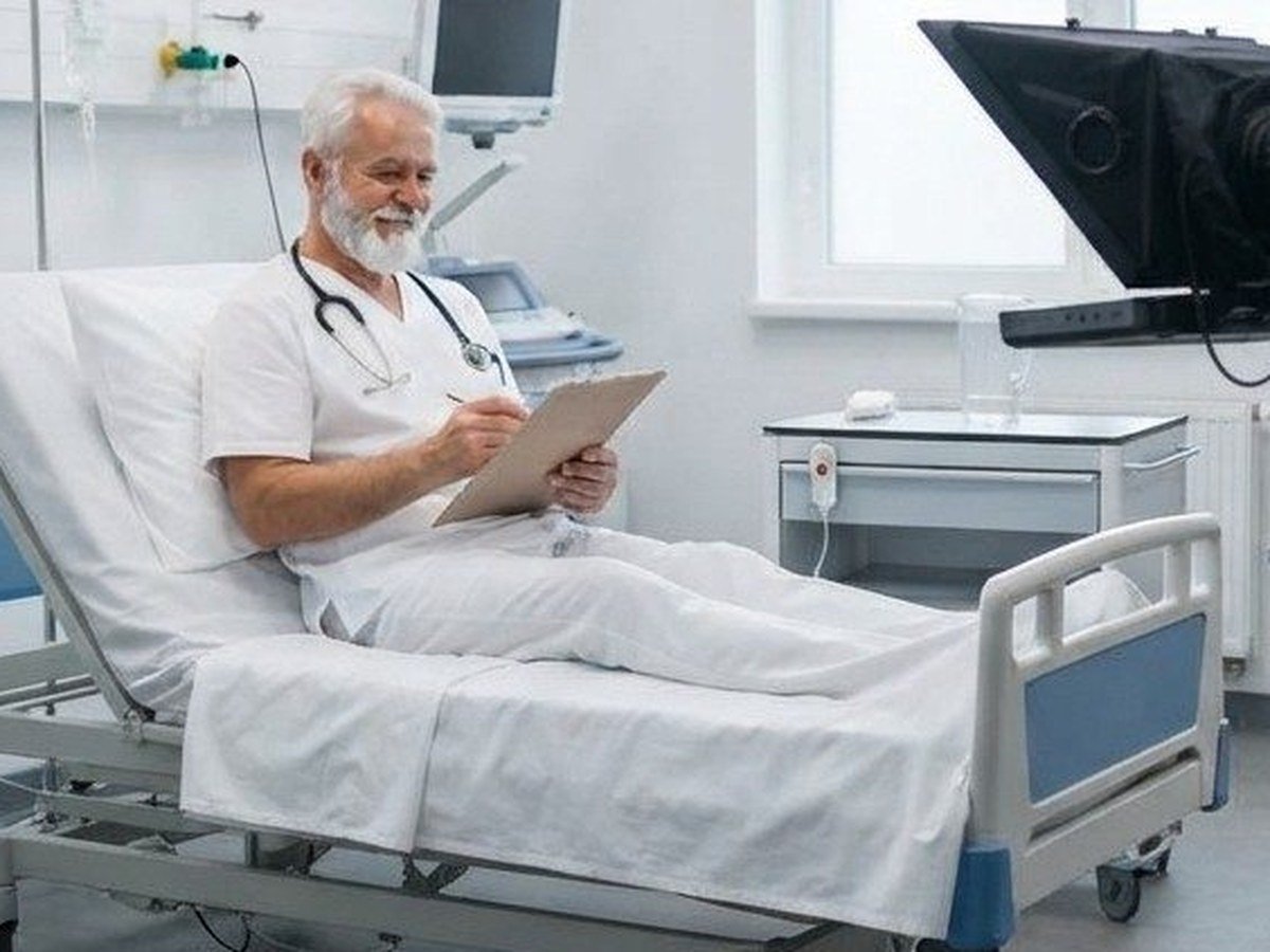 A close-up of the actor playing the doctor, seated on the hospital bed reading a chart, in white scrubs