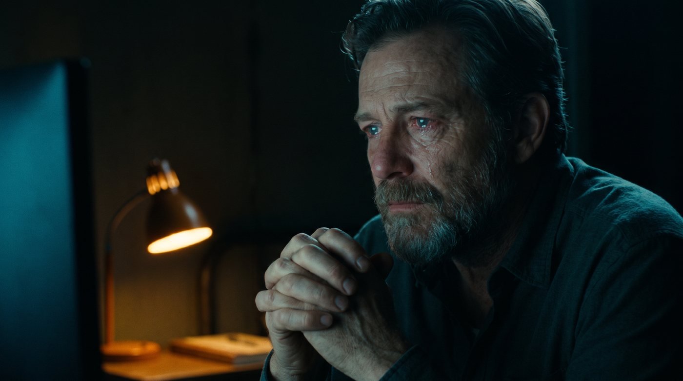 Close portrait of the protagonist lit low by monitor glow, staring ahead in resolve